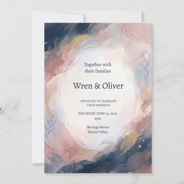 Invitation Mariage Abstrait Bleu Marine Rose (Devant)
