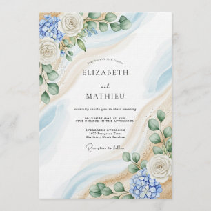Invitation Mariage Abstrait Botanique Bleu et Blanc