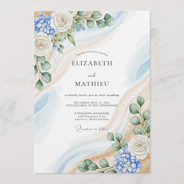 Invitation Mariage Abstrait Botanique Bleu et Blanc (Devant)