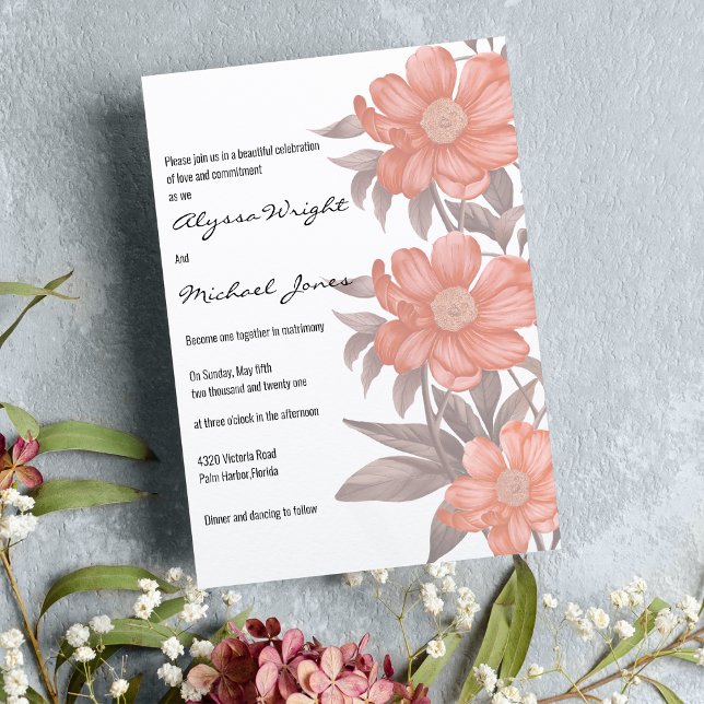 Invitation Mariage Abstrait corail brun rose rose (Abstract coral brown pink floral Wedding)
