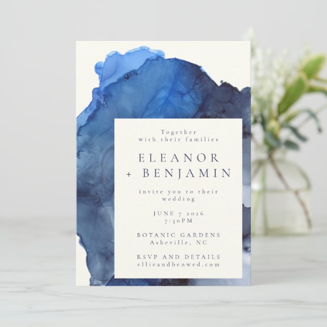 Invitation Mariage Abstrait d'aquarelle bleu tendance (Debout devant)