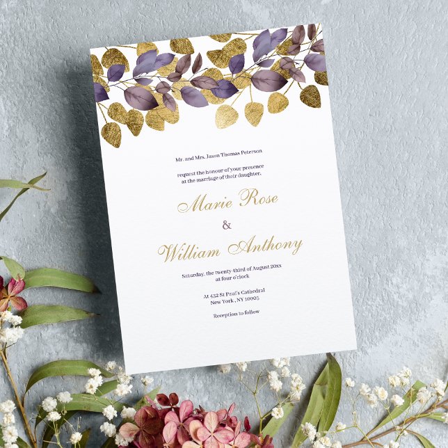 Invitation Mariage Abstrait de feuillage doré brun violet (Abstract purple brown gold foliage Wedding )