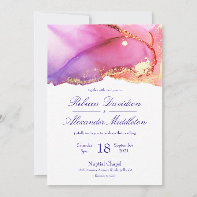 Invitation Mariage Abstrait de lavage d'encre rose violet or (Devant)