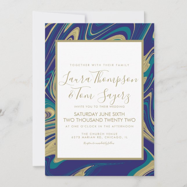 Invitation Mariage Abstrait Faux Or Liquide Marbre Bleu (Devant)