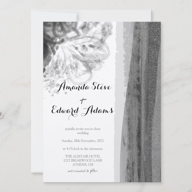 Invitation Mariage Abstrait Floral Noir et Blanc (Devant)