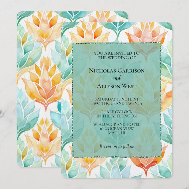 Invitation Mariage Abstrait floral turquoise Tangerine (Devant / Derrière)