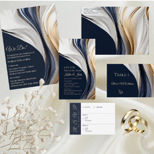 Invitation Mariage-Abstrait Fluid Art-Blue et or-