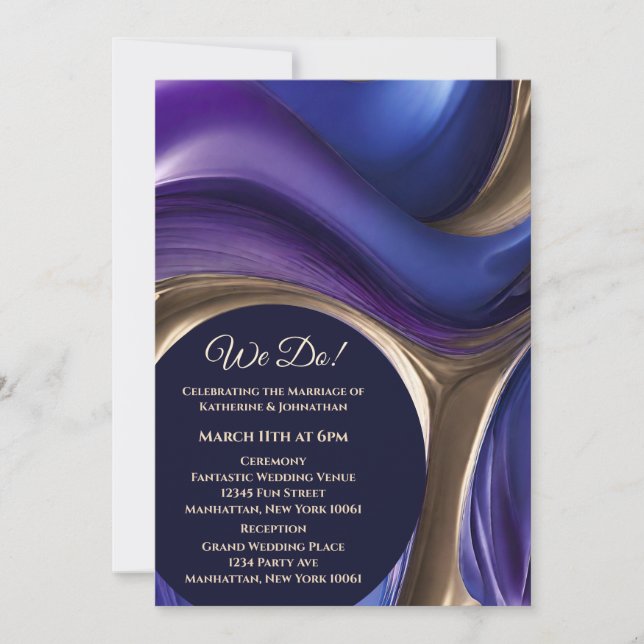Invitation Mariage-Abstrait Fluid Art-Blue violet et or- (Devant)