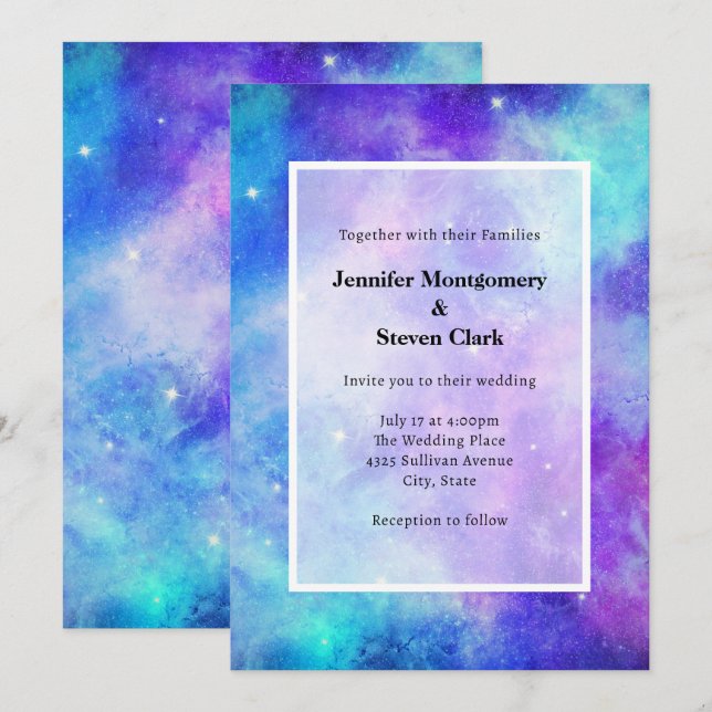 Invitation Mariage abstrait Galaxie Espace Violet et Bleu (Devant / Derrière)