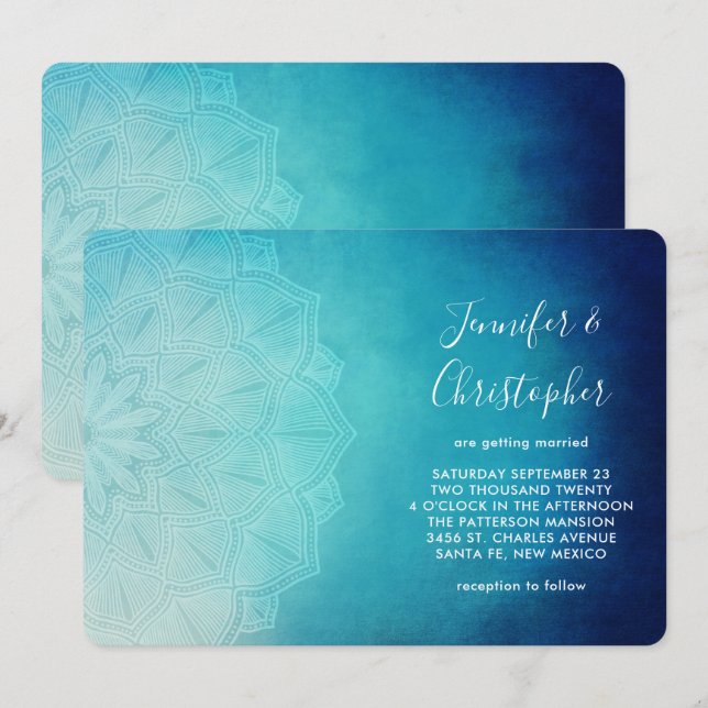Invitation Mariage Abstrait Mandala Bleu Joli (Devant / Derrière)