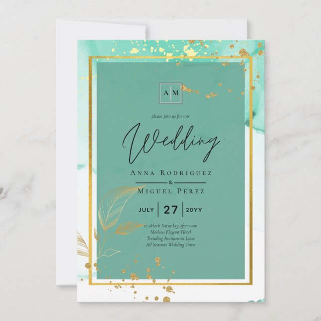 Invitation Mariage Abstrait Mint Green Gold Alcohol Enk (Devant)