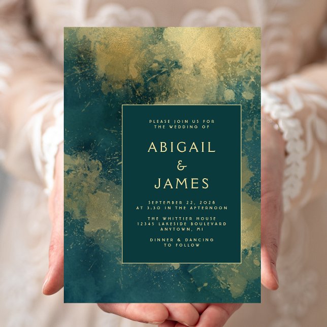 Invitation Mariage Abstrait Moderne Bleu Sarcelle Or (Créateur téléchargé)