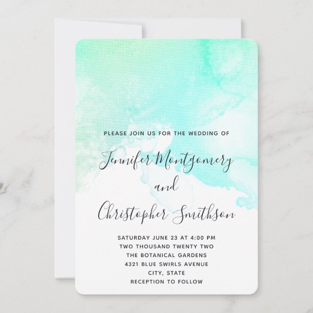 Invitation Mariage Abstrait Moderne Vert et Bleu Aquarelle (Devant)