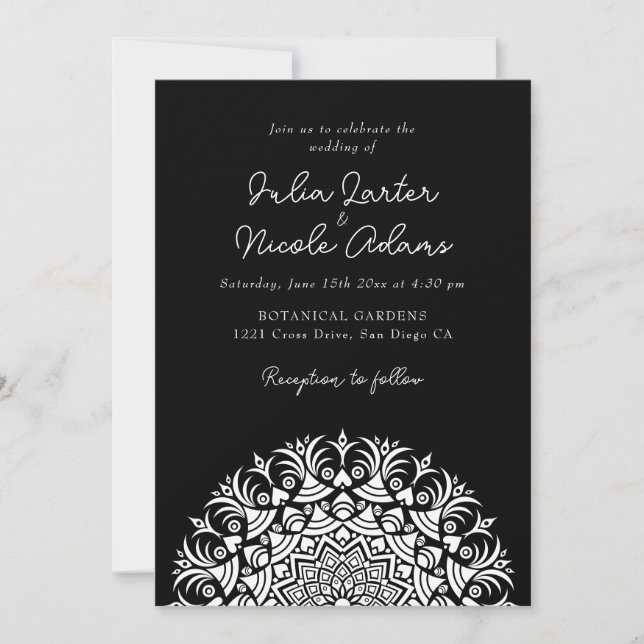 Invitation Mariage Abstrait Noir Classique de Minuit Mandala (Devant)