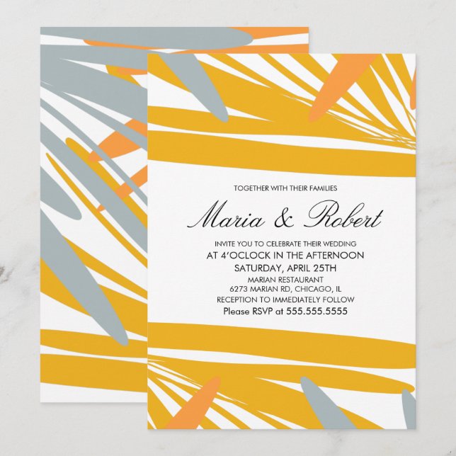 Invitation Mariage Abstrait Palmier Tropical Été Gris Jaune (Devant / Derrière)