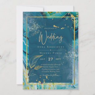 Invitation Mariage Abstrait Peacock Blue Gold