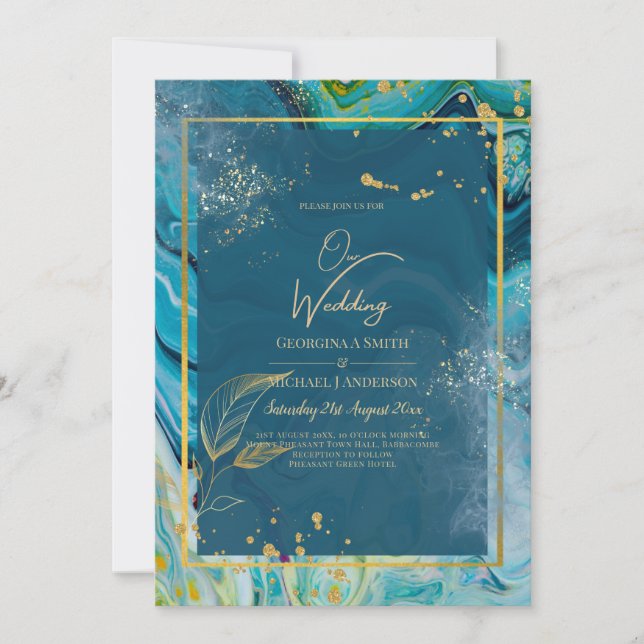 Invitation Mariage Abstrait Peacock Blue Gold (Devant)