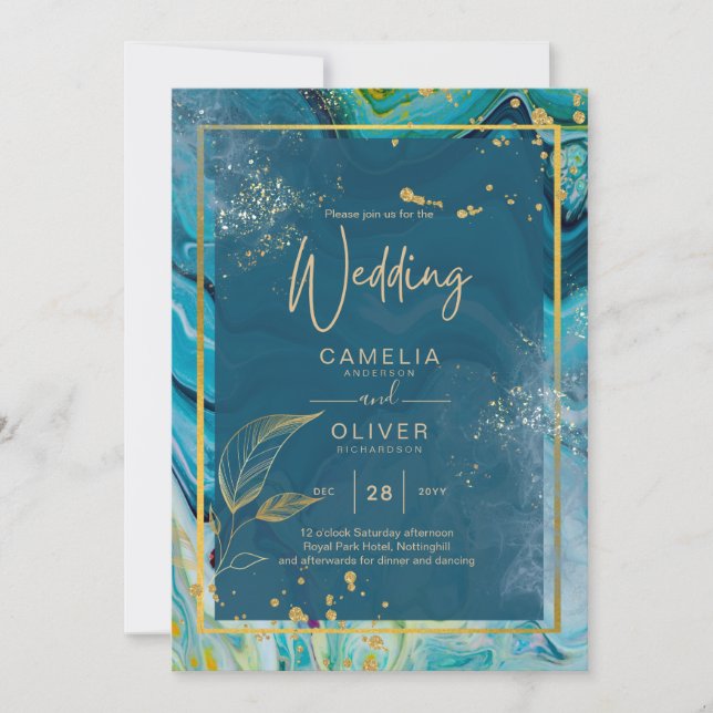 Invitation Mariage Abstrait Peacock Blue Gold (Devant)