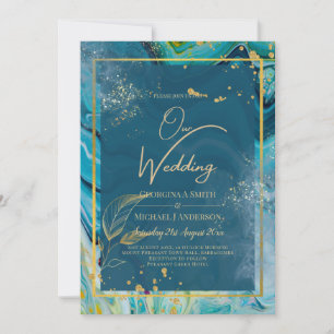 Invitation Mariage Abstrait Peacock Blue Gold