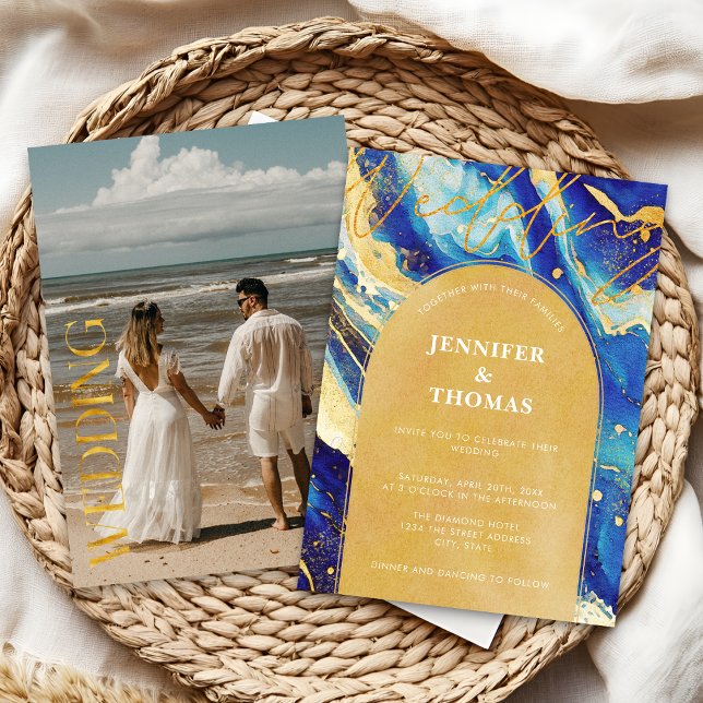 Invitation Mariage Abstrait sous Arche Photographique Bleu Or (Créateur téléchargé)