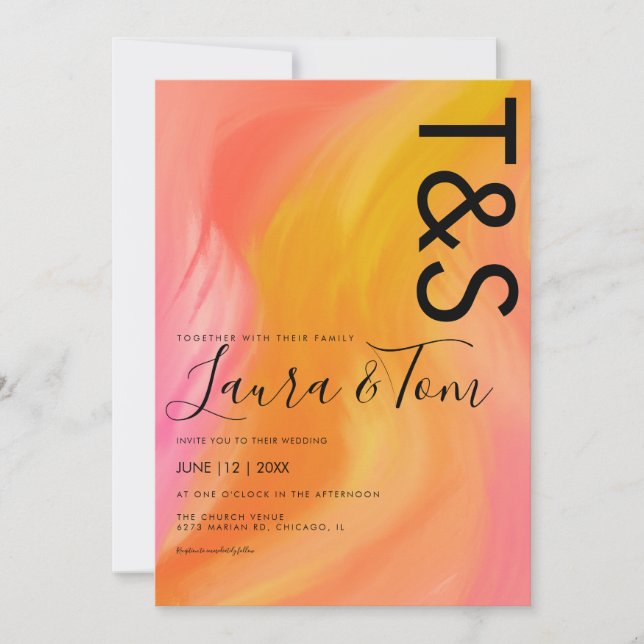 Invitation Mariage Abstrait Typographie Orange Rose Marbre  (Devant)