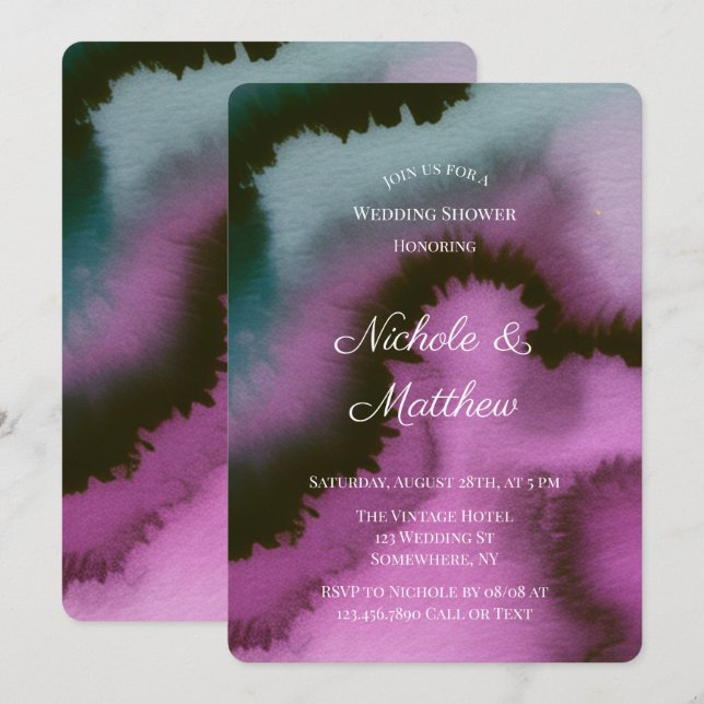 Invitation Mariage Abstrait Violet et Turquoise Atmosphérique (Devant / Derrière)