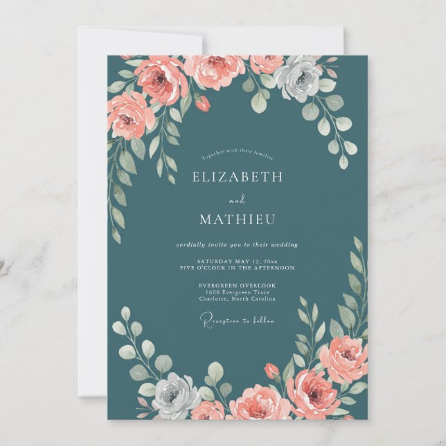 Invitation Mariage Acacia Ranunculus Eucalyptus Péché Acier (Devant)