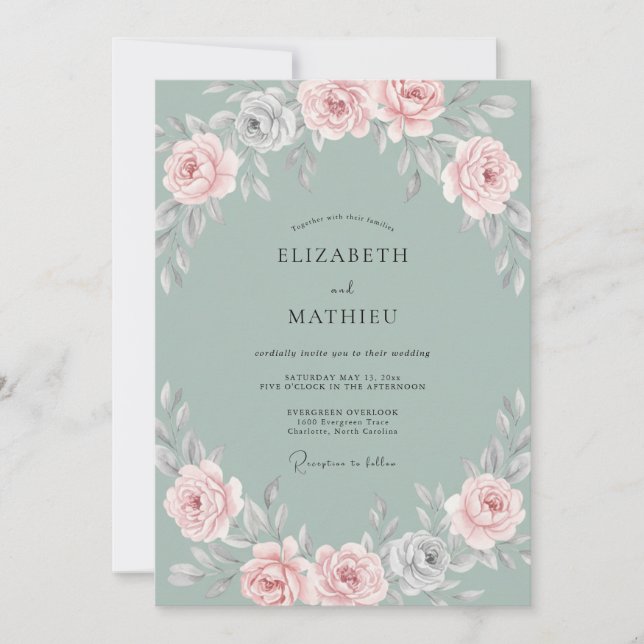 Invitation Mariage Acier Aqua Pétales Rougeur (Devant)