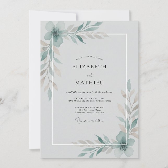 Invitation Mariage Acier Aqua Vigne (Devant)