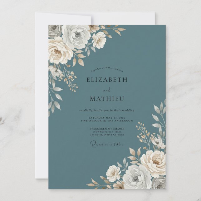 Invitation Mariage Acier Crème Pivoine (Devant)