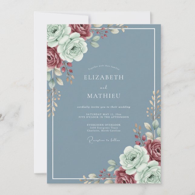Invitation Mariage Acier Marron Ranunculus Eucalyptus (Devant)