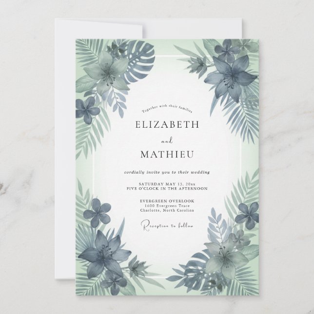 Invitation Mariage Acier Menthe Palmier Eucalyptus (Devant)