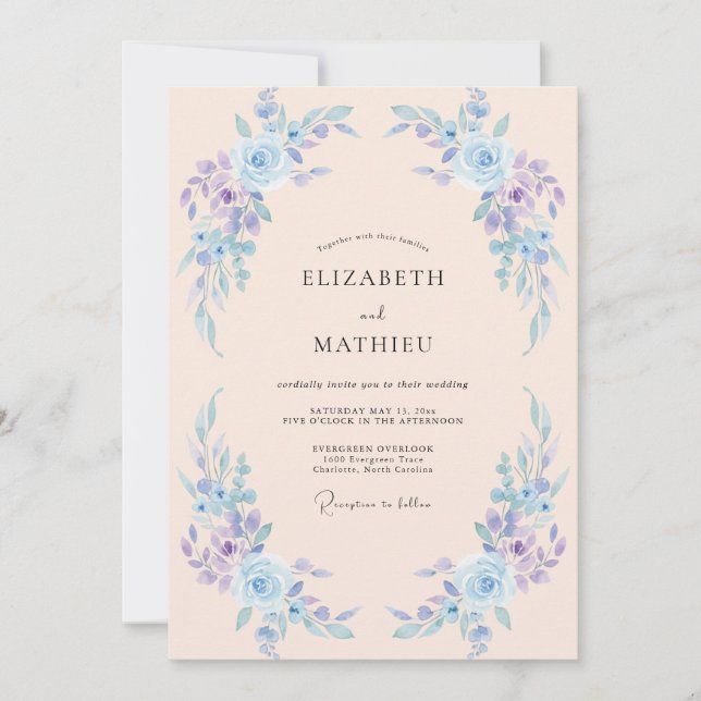 Invitation Mariage aérien aux fleurs de pervenche (Devant)
