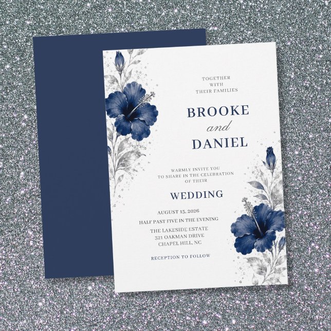 Invitation Mariage aérien Navy Hibiscus Silver Sparkle (Créateur téléchargé)