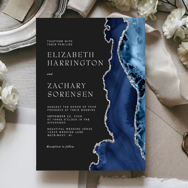 Invitation Mariage Agate Bleu Marine Argent (Créateur téléchargé)