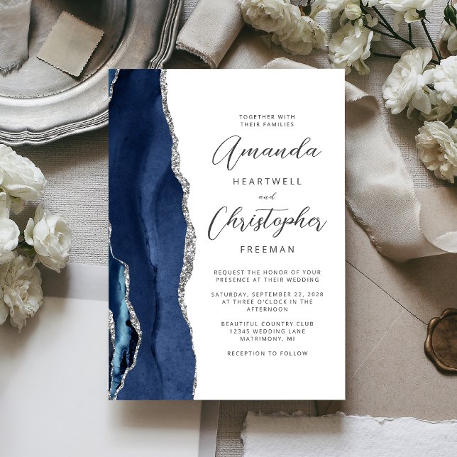 Invitation Mariage Agate Bleu Nuit Argent Script (Créateur téléchargé)