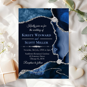 Invitation Mariage Agate Bleu Nuit et Paillettes d'Argent