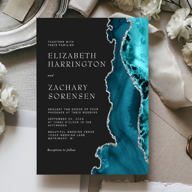 Invitation Mariage Agate Bleu Turquoise Argent (Créateur téléchargé)
