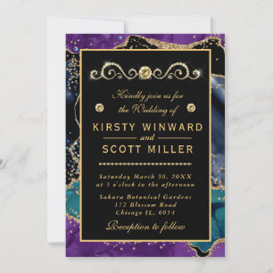 Invitation Mariage Agate Bleu Violet Sarcelle Or Paillettes