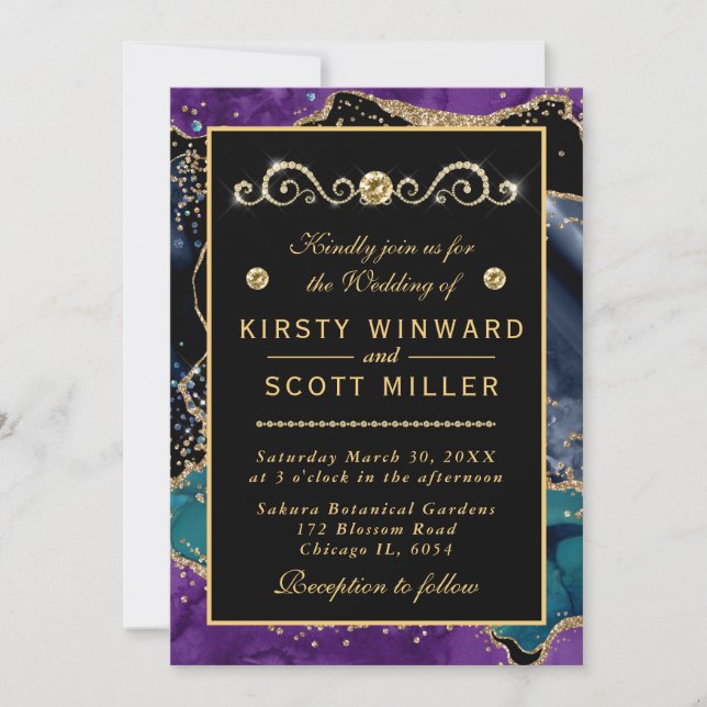 Invitation Mariage Agate Bleu Violet Sarcelle Or Paillettes (Devant)