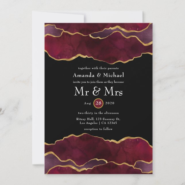 Invitation Mariage Agate Bourgogne et Or (Devant)