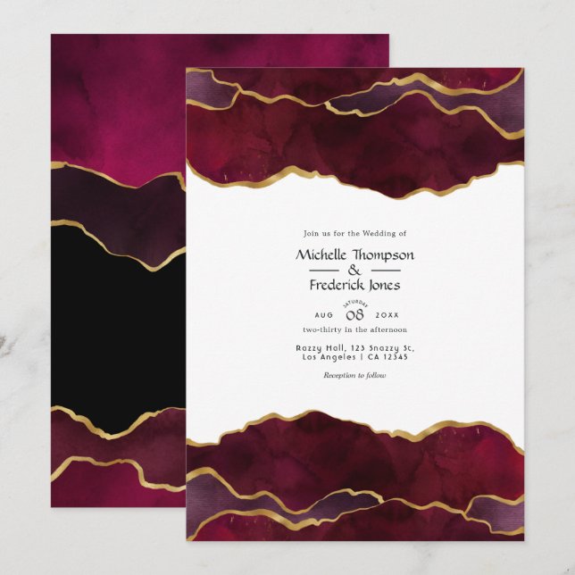 Invitation Mariage Agate Bourgogne et Or (Devant / Derrière)