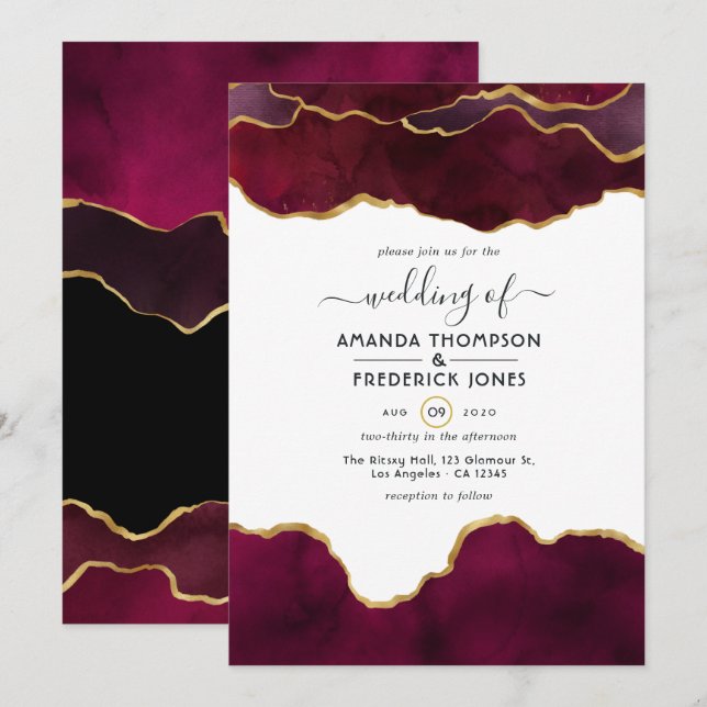 Invitation Mariage Agate Bourgogne et Or (Devant / Derrière)