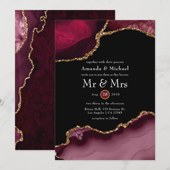 Invitation Mariage Agate et Bourgogne Or (Devant / Derrière)