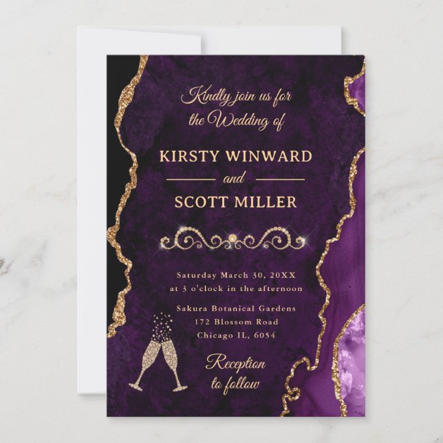 Invitation Mariage agate et marbre pailleté or et violet (Devant)