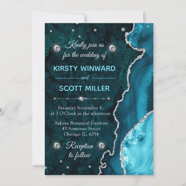 Invitation Mariage agate et marbre pailleté sarcelle et argen (Devant)