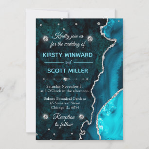 Invitation Mariage agate et marbre pailleté sarcelle et argen