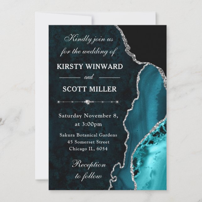 Invitation Mariage agate et marbre pailleté sarcelle et argen (Devant)