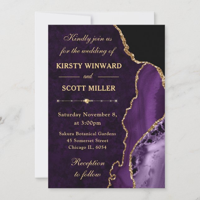 Invitation Mariage agate et marbre pailleté violet et or (Devant)