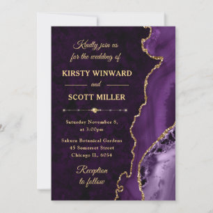 Invitation Mariage agate et marbre pailleté violet et or